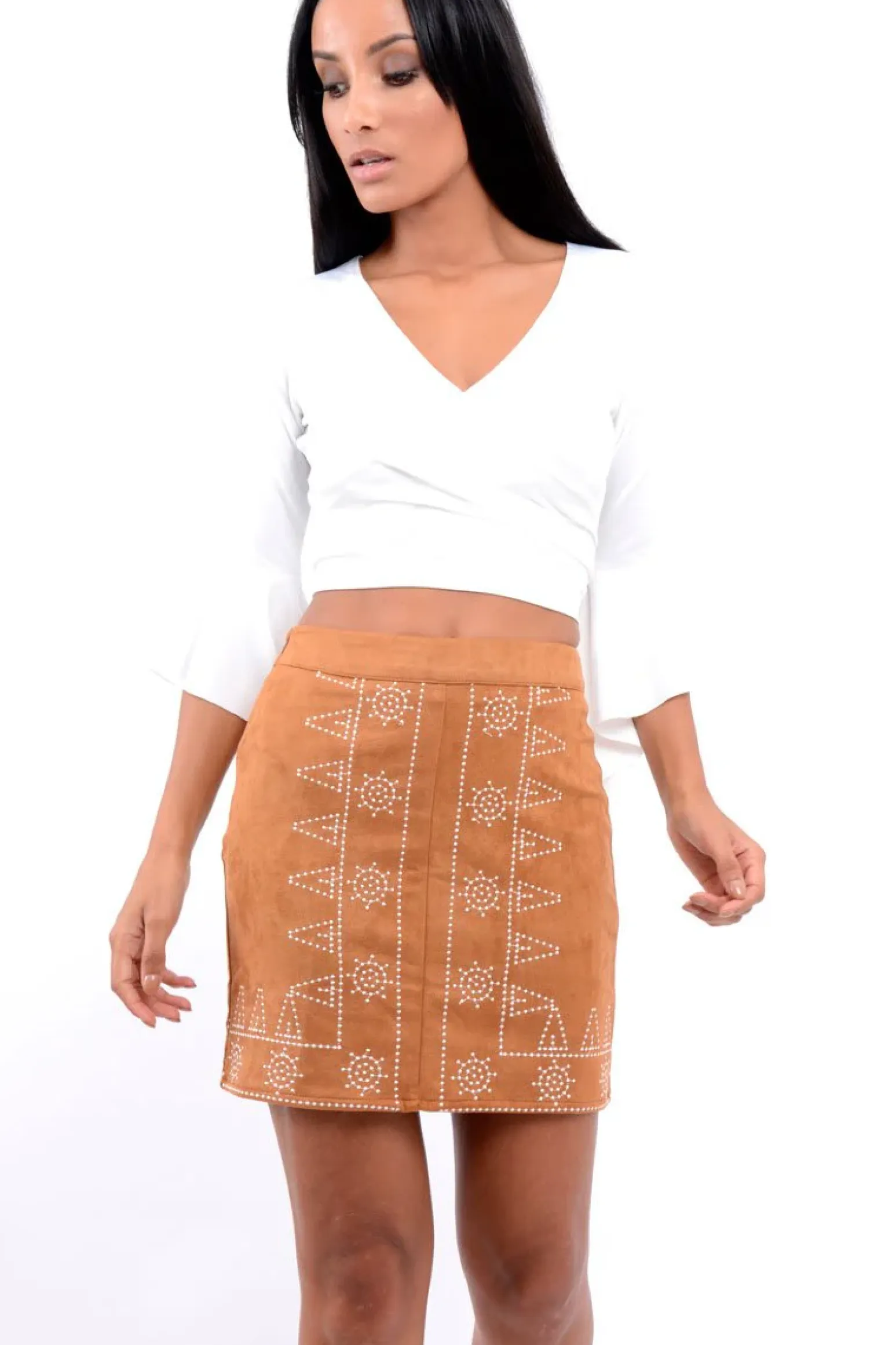 Rebellious Fashion Camel Suedette Skirt with Embroidered Detailing - Marie