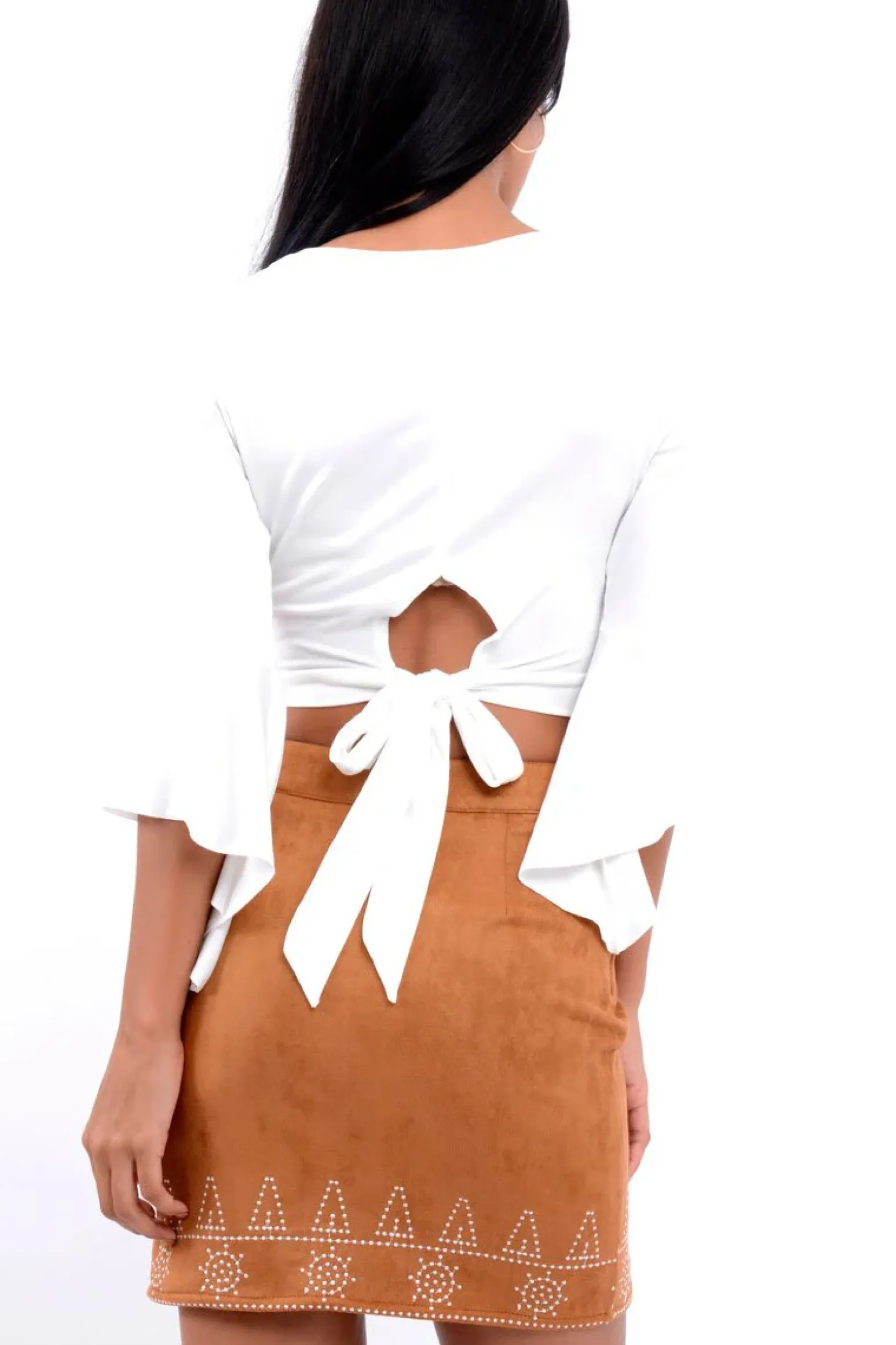Rebellious Fashion Camel Suedette Skirt with Embroidered Detailing - Marie