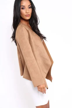 Rebellious Fashion Camel Suedette Waterfall Jacket - Kallie