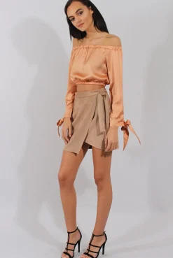 Rebellious Fashion Camel Suede Wrap Around Skirt - Emory