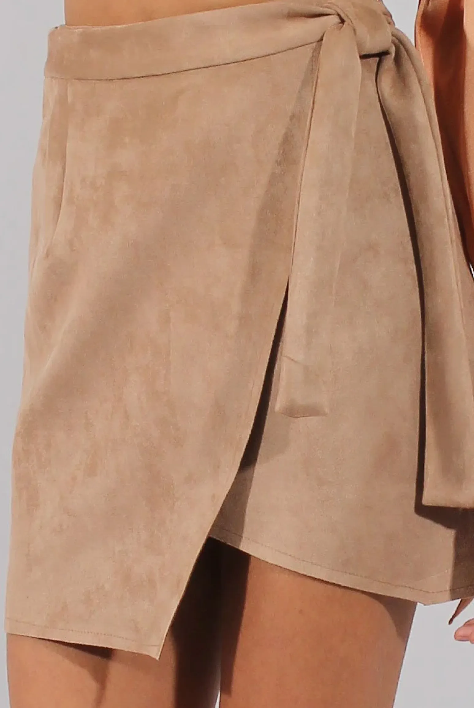 Rebellious Fashion Camel Suede Wrap Around Skirt - Emory