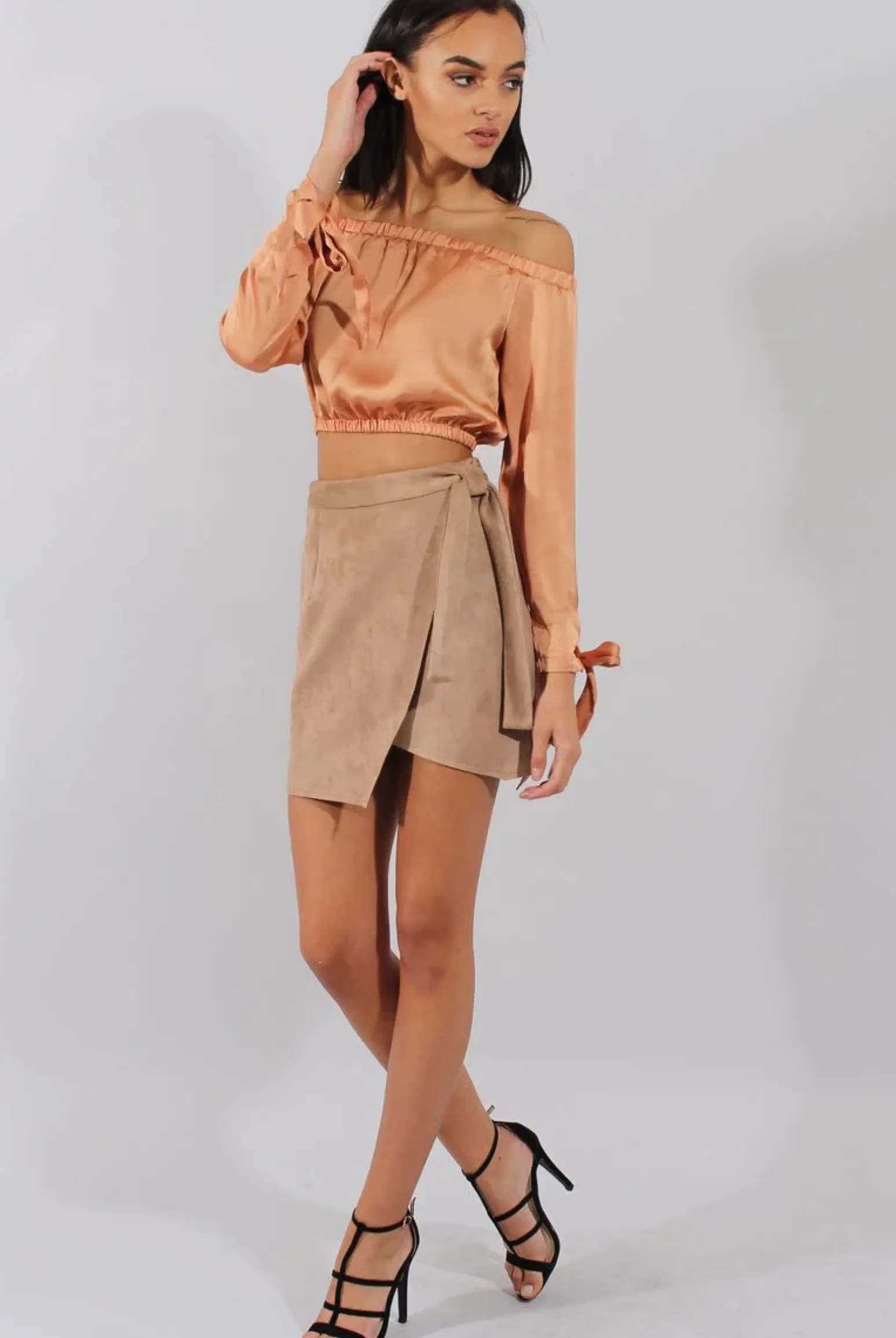 Rebellious Fashion Camel Suede Wrap Around Skirt - Emory