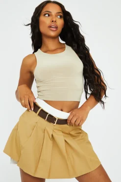 Rebellious Fashion Camel Tailored Belted Mini Skirt - Mabel