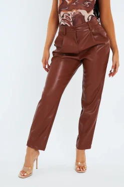 Rebellious Fashion Camel Tailored Fit PU Leather Trousers - Nadya