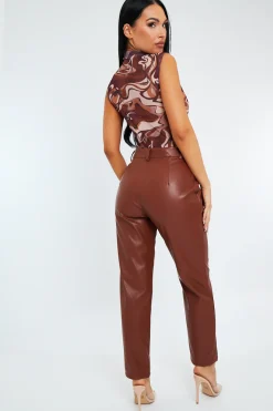 Rebellious Fashion Camel Tailored Fit PU Leather Trousers - Nadya