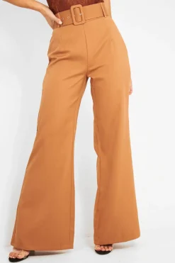 Rebellious Fashion Camel Tailored Wide Leg Belted Trousers - Chenelle