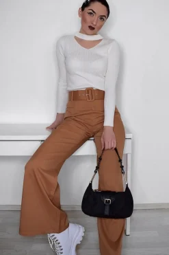 Rebellious Fashion Camel Tailored Wide Leg Belted Trousers - Chenelle