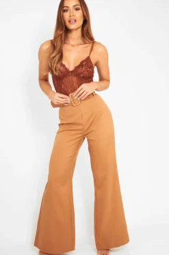 Rebellious Fashion Camel Tailored Wide Leg Belted Trousers - Chenelle