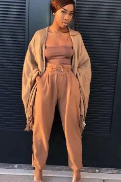 Rebellious Fashion Camel Tapered Belted Cigarette Trousers - Myasia