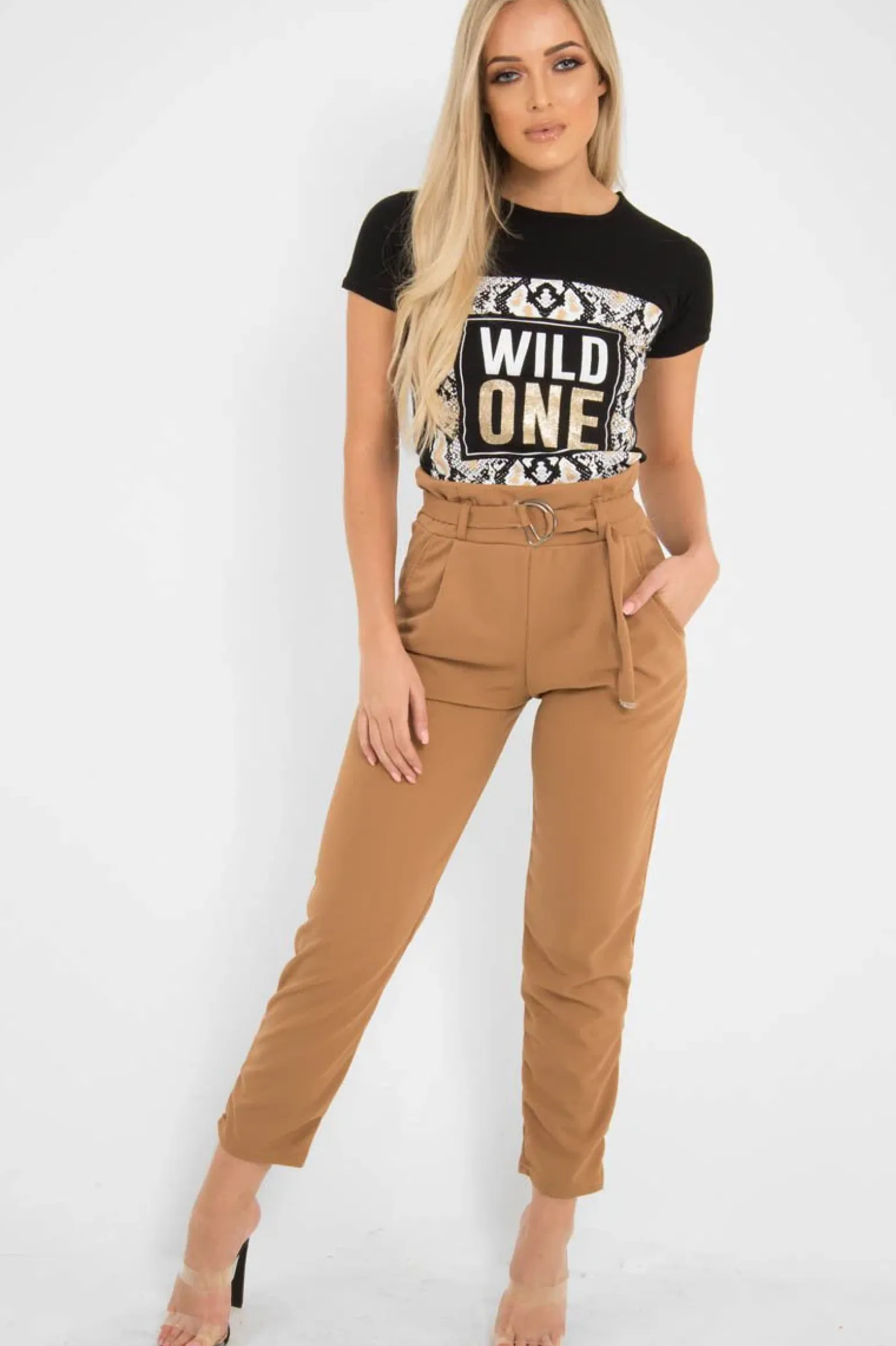 Rebellious Fashion Camel Tapered Belted Cigarette Trousers - Myasia