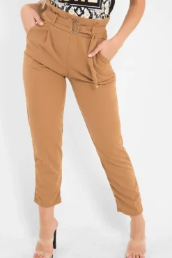 Rebellious Fashion Camel Tapered Belted Cigarette Trousers - Myasia