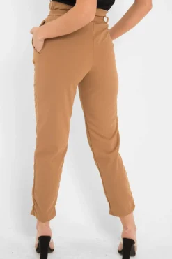 Rebellious Fashion Camel Tapered Belted Cigarette Trousers - Myasia