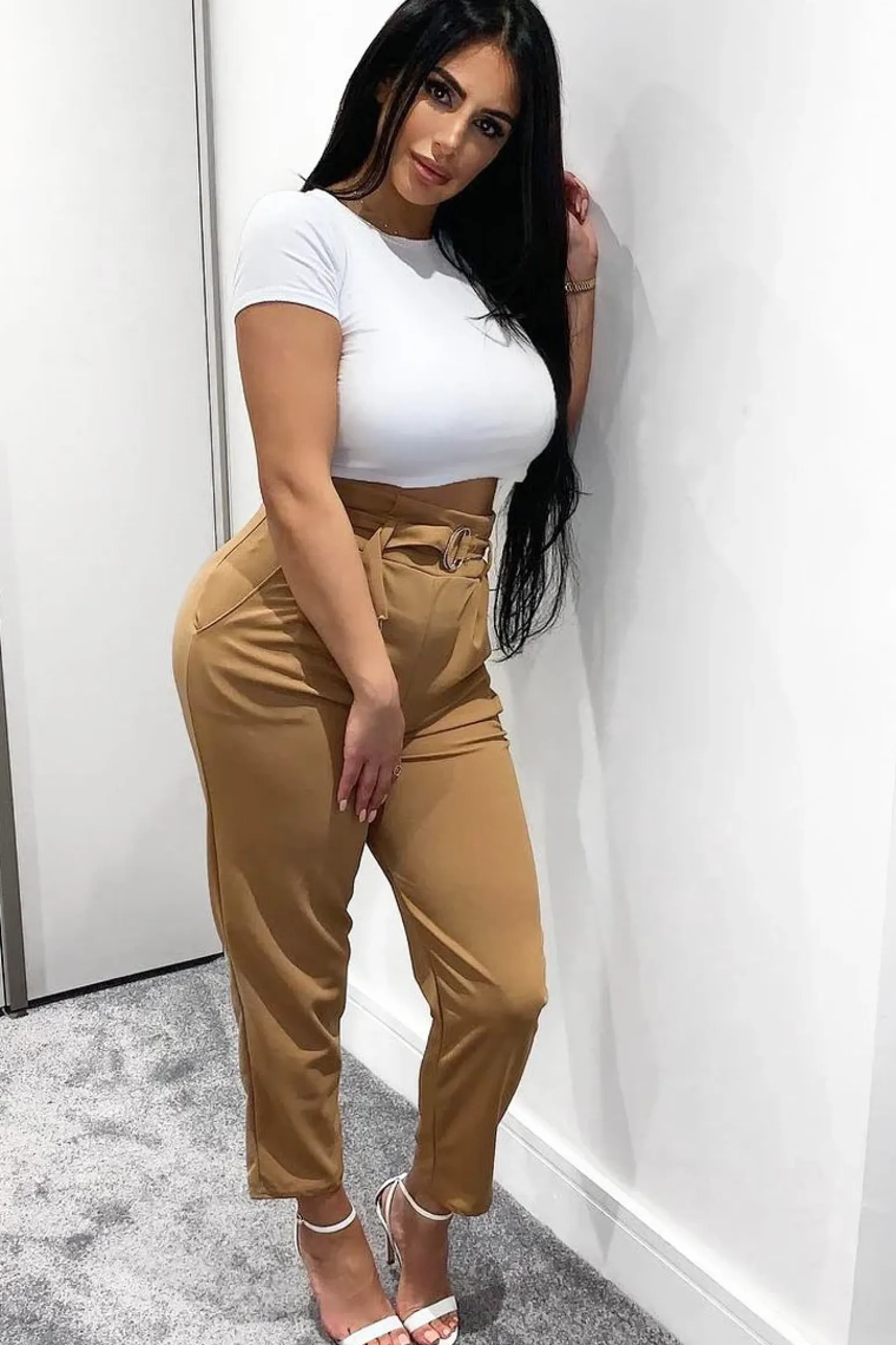 Rebellious Fashion Camel Tapered Belted Cigarette Trousers - Myasia