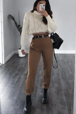 Rebellious Fashion Camel Tapered Belted Cigarette Trousers - Myasia