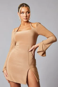 Rebellious Fashion Camel Tie Neck Front Slit Mini Dress - Alinta