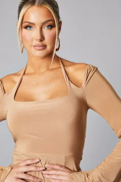 Rebellious Fashion Camel Tie Neck Front Slit Mini Dress - Alinta