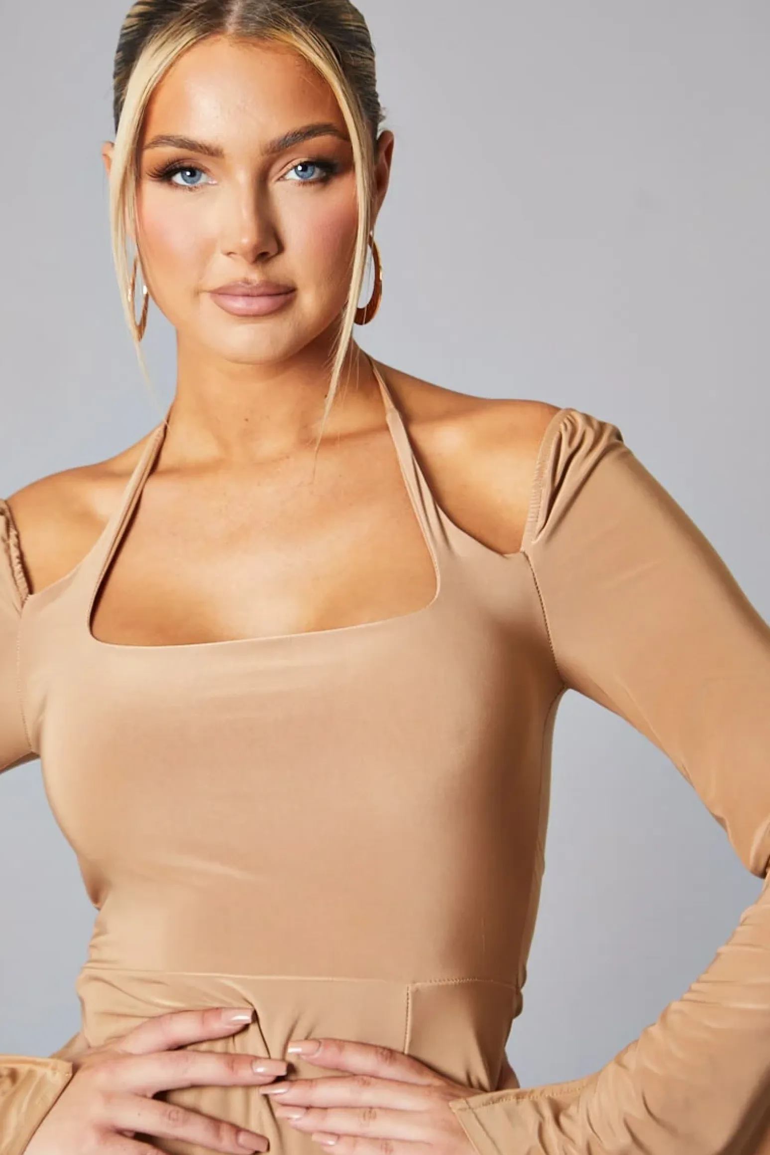 Rebellious Fashion Camel Tie Neck Front Slit Mini Dress - Alinta