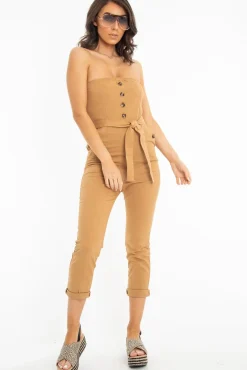 Rebellious Fashion Camel Tie Waist Sleeveless Jumpsuit - Tamya