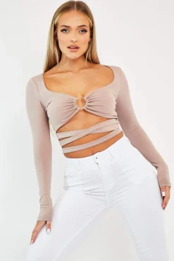 Rebellious Fashion Camel Tie Wrap Front Ring Detail Crop Top - Taylor