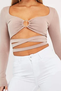 Rebellious Fashion Camel Tie Wrap Front Ring Detail Crop Top - Taylor