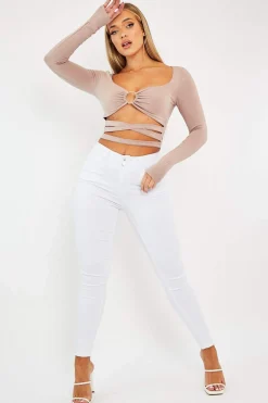 Rebellious Fashion Camel Tie Wrap Front Ring Detail Crop Top - Taylor