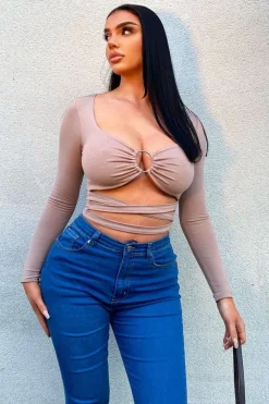 Rebellious Fashion Camel Tie Wrap Front Ring Detail Crop Top - Taylor