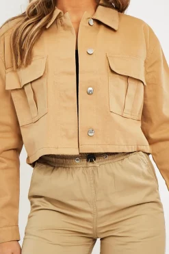 Rebellious Fashion Camel Utility Pocket Cropped Denim Jacket - Elzie