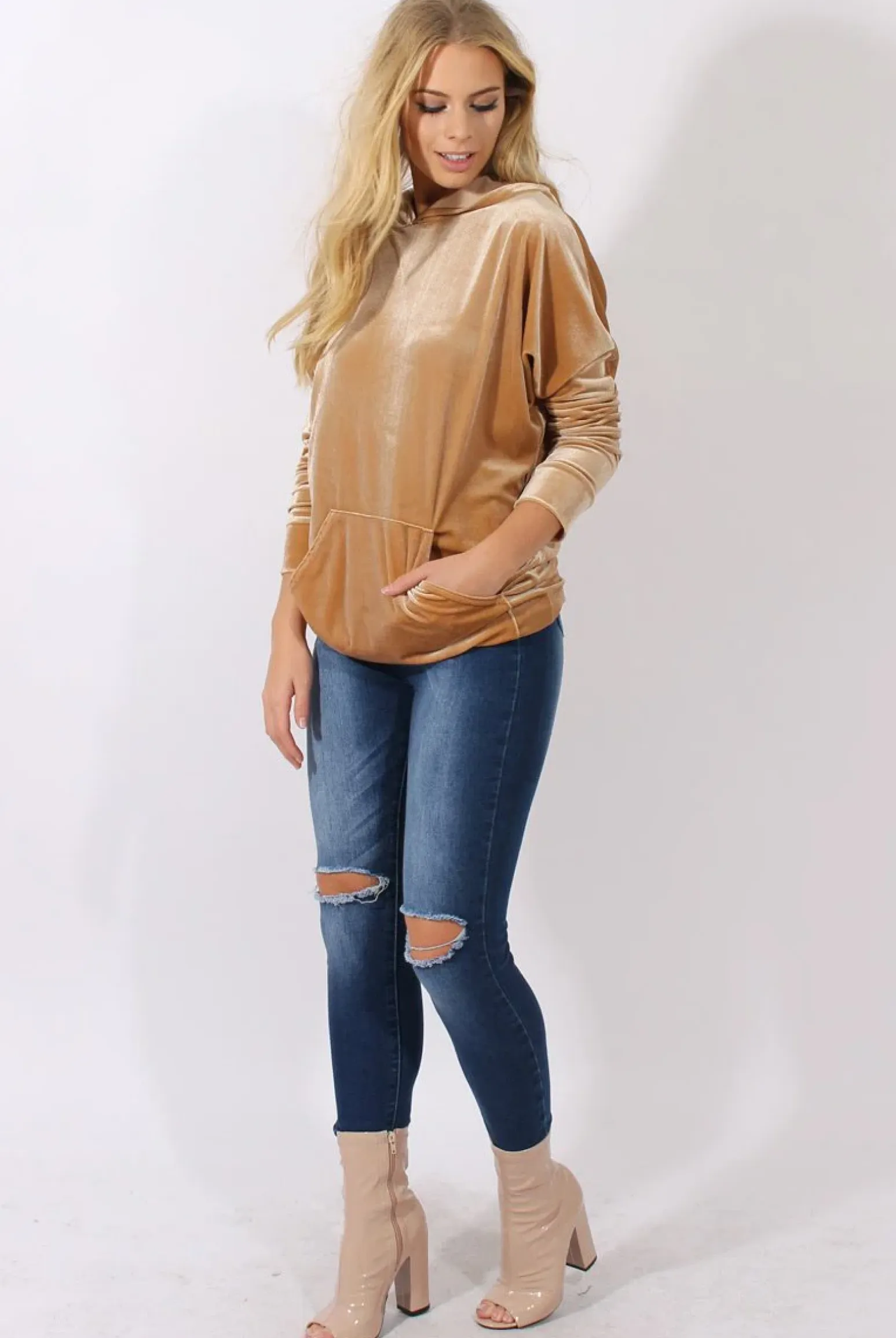 Rebellious Fashion Camel Velvet Oversized Hoodie - Reagan