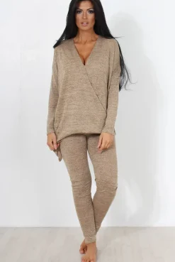 Rebellious Fashion Camel V Neck Asymmetric Loungewear Set-Kimi