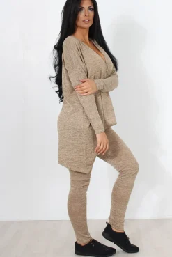 Rebellious Fashion Camel V Neck Asymmetric Loungewear Set-Kimi