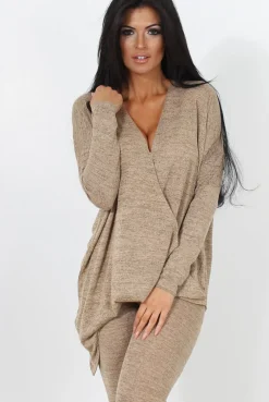 Rebellious Fashion Camel V Neck Asymmetric Loungewear Set-Kimi