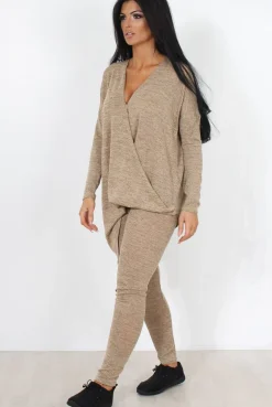 Rebellious Fashion Camel V Neck Asymmetric Loungewear Set-Kimi
