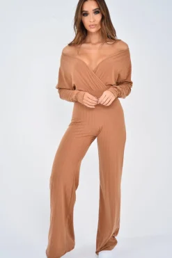 Rebellious Fashion Camel Wide Leg Rib Plunge Jersey Jumpsuit - Tarlia