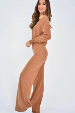 Rebellious Fashion Camel Wide Leg Rib Plunge Jersey Jumpsuit - Tarlia