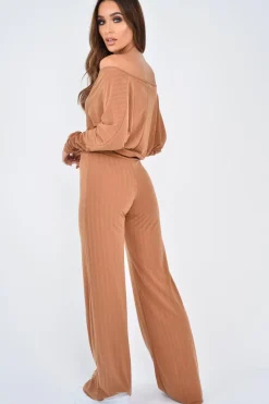 Rebellious Fashion Camel Wide Leg Rib Plunge Jersey Jumpsuit - Tarlia