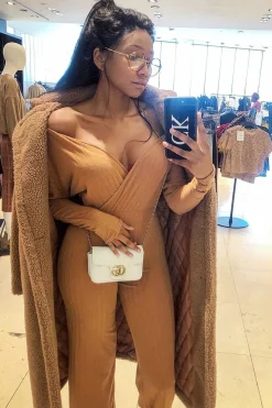 Rebellious Fashion Camel Wide Leg Rib Plunge Jersey Jumpsuit - Tarlia