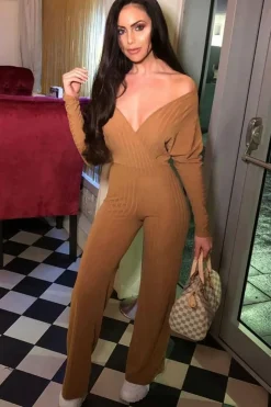 Rebellious Fashion Camel Wide Leg Rib Plunge Jersey Jumpsuit - Tarlia