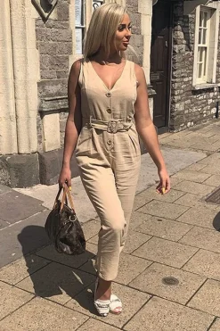 Rebellious Fashion Camel Woven Plunge Button Front Belted Jumpsuit - Stephani
