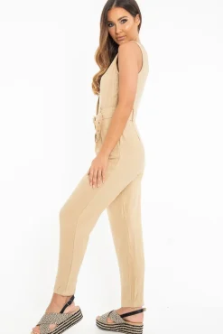 Rebellious Fashion Camel Woven Plunge Button Front Belted Jumpsuit - Stephani