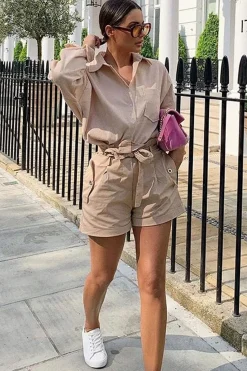 Rebellious Fashion Camel Woven Tie Waist Tailored Shorts - Perrie