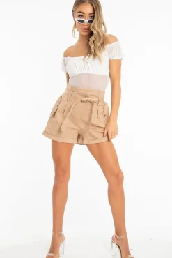 Rebellious Fashion Camel Woven Tie Waist Tailored Shorts - Perrie