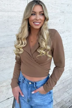 Rebellious Fashion Camel Wrap Around Crop Blazer - Coriana