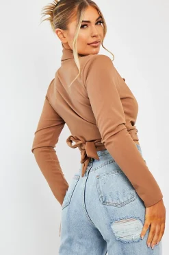 Rebellious Fashion Camel Wrap Around Crop Blazer - Coriana