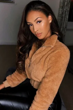 Rebellious Fashion Camel Zip Front Faux Fur Crop Jacket - Perri