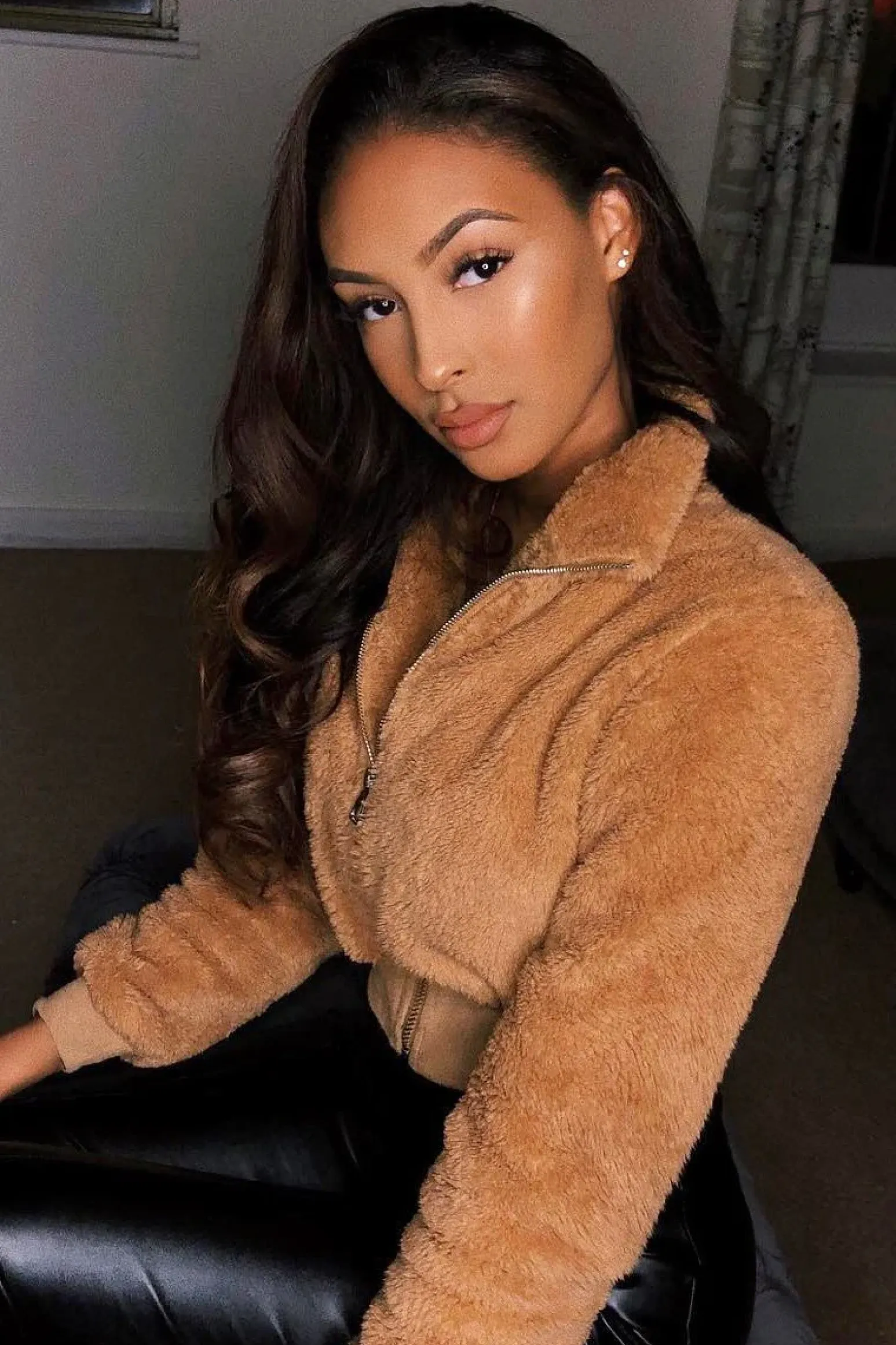 Rebellious Fashion Camel Zip Front Faux Fur Crop Jacket - Perri