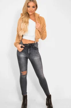 Rebellious Fashion Camel Zip Front Faux Fur Crop Jacket - Perri