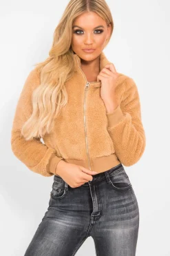 Rebellious Fashion Camel Zip Front Faux Fur Crop Jacket - Perri