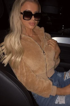 Rebellious Fashion Camel Zip Front Faux Fur Crop Jacket - Perri