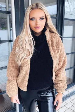Rebellious Fashion Camel Zip Front Teddy Jacket - Elena