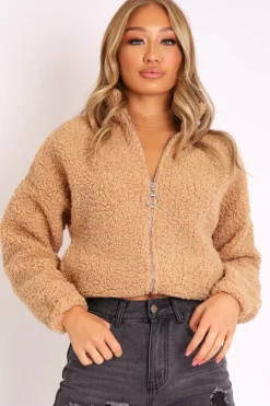 Rebellious Fashion Camel Zip Front Teddy Jacket - Elena